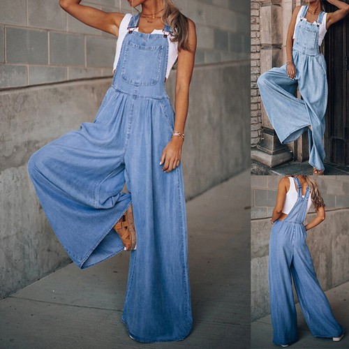 Womens Wide Leg Denim Dungarees 