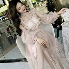 Ladies Lace Hollow Out Puff Sleeve Floral Dress Vintage Mesh Fairy Party Dress