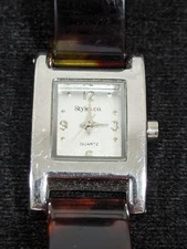 Style & Co Womans Silver Tone Dial Rectangle Case Brown Faux Tortoise Shell Watc