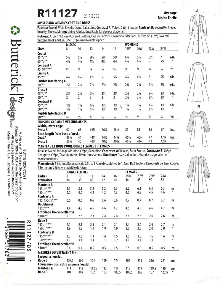 Butterick R11127 Princess Coat Contrast Collar, Flared Dress Size 8-16 UNCUT - Image 2 of 2