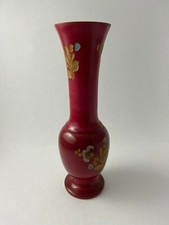 VTG: Hand Turned Soft Red Wood Vase with Carved Floral Design