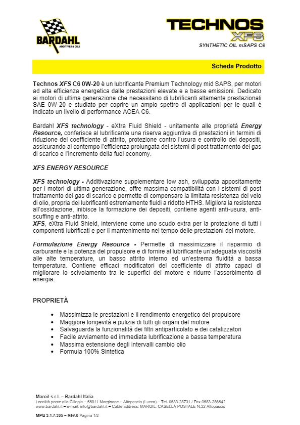 3 LITRI OLIO MOTORE BARDAHL AUTO TECHNOS XFS C6 0W20 ACEA C5 C6 API SP/RC GF6 - Immagine 2 di 3