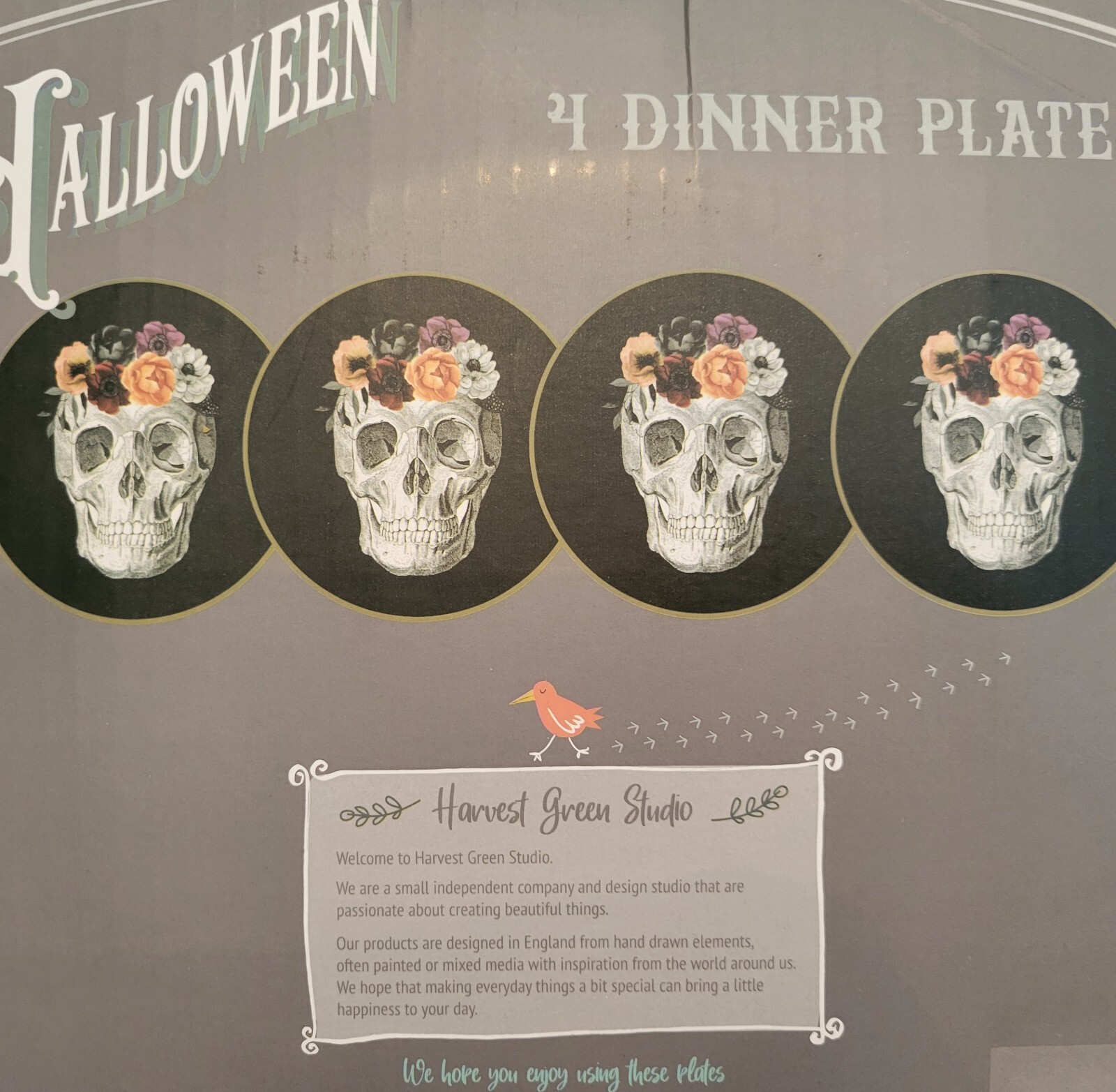 4 pk Harvest Green Studio HALLOWEEN Skull Roses Crown Dinner Plates Black NIB