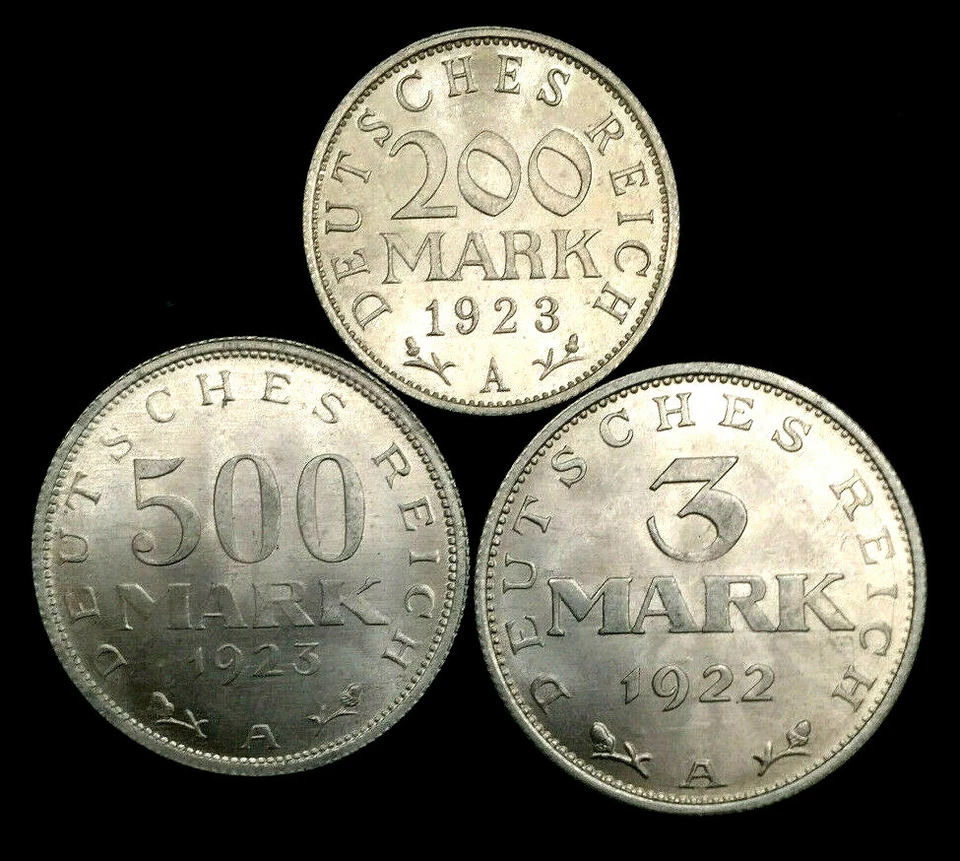 Raro juego de monedas de la República de Weimar de Alemania de 1920 de 3, 200 y 500 marcos de colección Foto 2 de 2