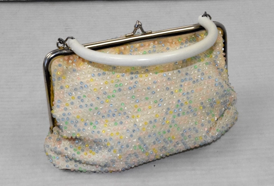 Vintage Beaded Handbag 50s Silky Ivory With Colorful Pastel Beads White Handle - Image 2 of 4