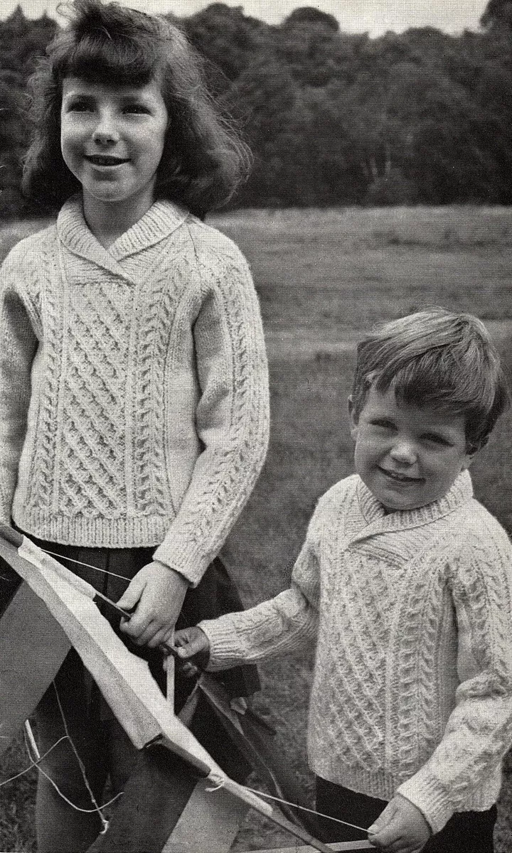 Children s jumpers knitting pattern Aran. shawl crossover collar