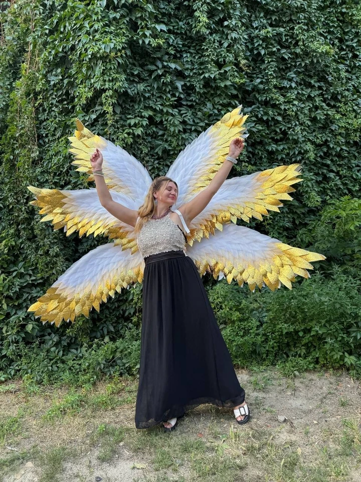 White and Gold Angel Costume with 6 Wings Six Wings Costume Photo Shoot - Image 4 of 4