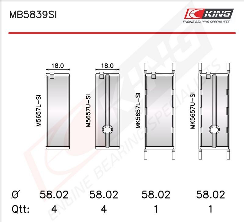 KING MB5839SI0.25 Crankshaft Bearing Shell Set Fits Hyundai i30 Estate Coupe Kia