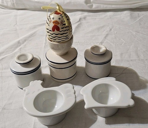 Norpro? Butter Bell Keeper Crock 2pc White with Blue Stripes Set Of 2 1)Tan ++ - Picture 2 of 2