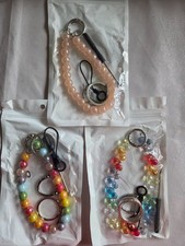 3-Pack Crystal Beaded Phone Charm Strap Faux Pearl Rainbow Wrist Lanyard