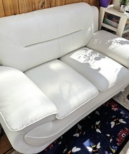 White Leather 2 Seater Sofa with Padded Arms, Solid Plain,  2 x Piece Suite