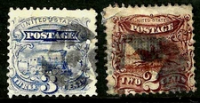 Sc #113-114 BOTH STAR Fancy Cancel 2-3 Cent Locomotive 1869 Pictorial US 31F41