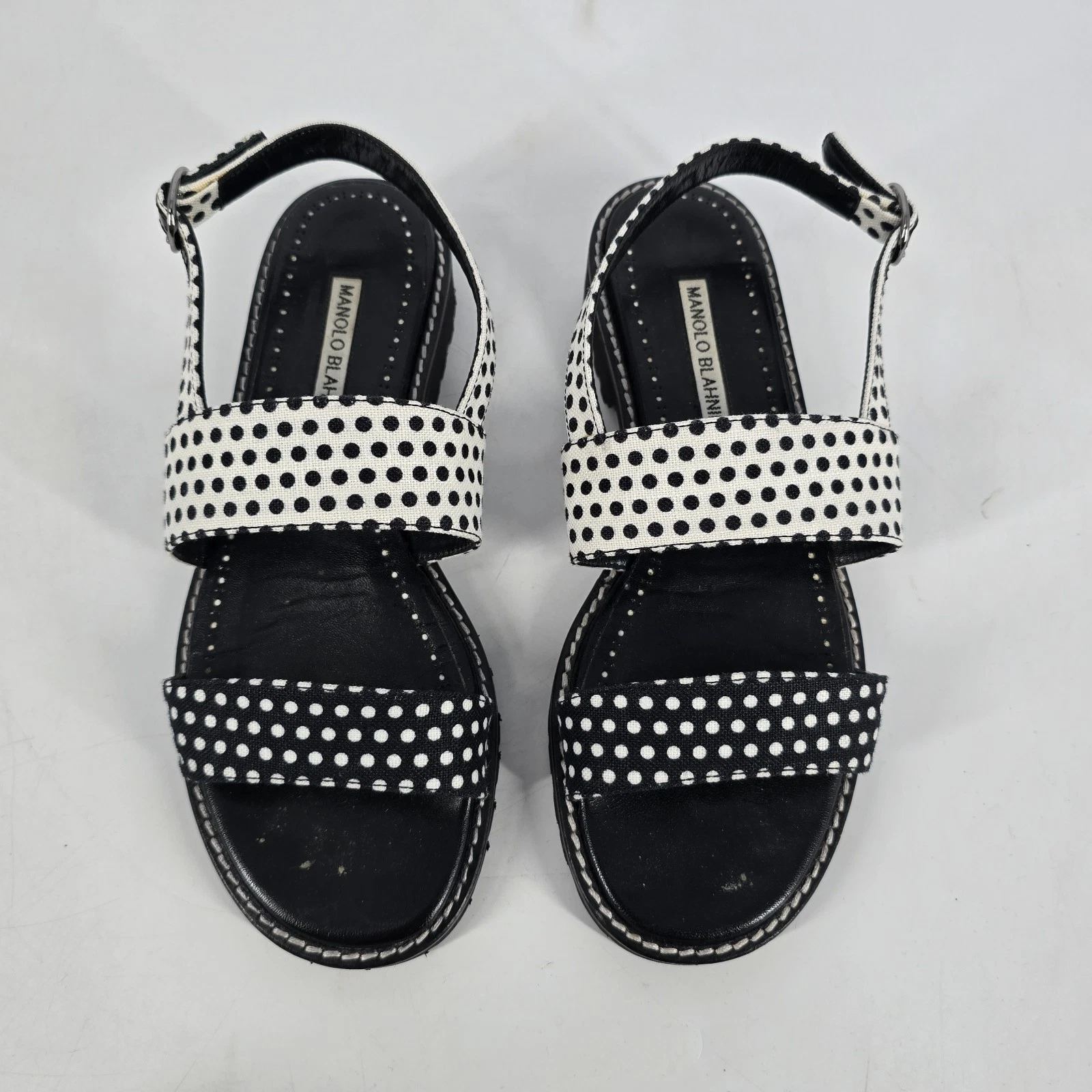 MBT Manolo Blahnik NUOVI sandali Gad a pois in lino slingback blu bianco taglia 38