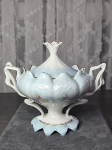 Antique RS Prussia Covered Sugar Bowl Powder Blue & White w/Ribbon Handle