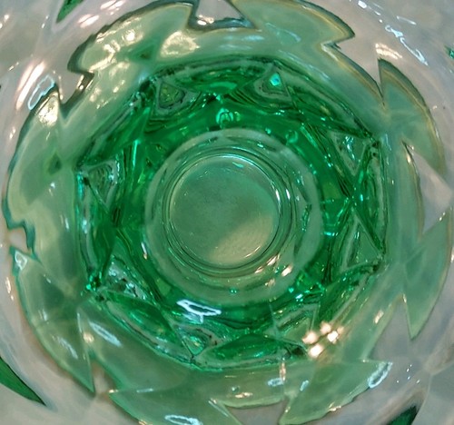 Elegant Depression Etched Green Glass Console & Taper Candle Set Of 3 Mint Vntg - Picture 17 of 20
