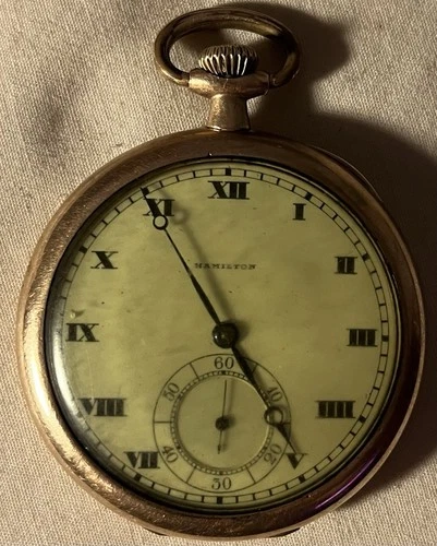 Antique Hamilton 910 Open Faced Pocket Watch 17 Jewels Engraved Gold Filled USA
