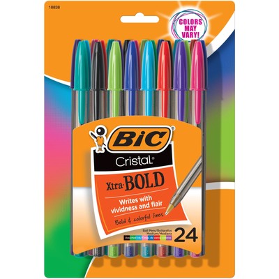 BIC Cristal 1.6 mm Bold Point Assorted Ink Colors Ballpoint Pens, 24-Pk