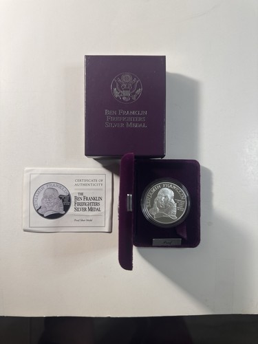 1992 ~ BEN FRANKLIN FEUERWEHR ~ 1oz .999 SILBER MEDAILLE ~ PROOF ~ BOX & COA