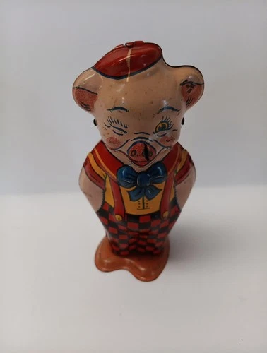 Vintage J. Chein Tin Wind-up Pig Toy Walker Works Circa 1940’s
