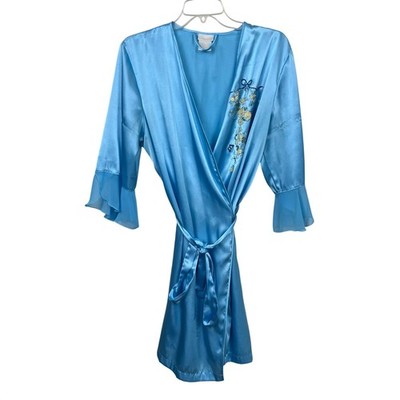 Vintage 80s 90s Blue Embroidered Floral Sequin Pearl Bead Robe Est Medium