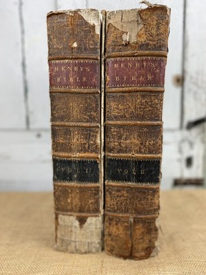 C1712, Ledergebundene Familienbibel in 2 Bänden, von Mathew Henry, gedruckt J Stratford.