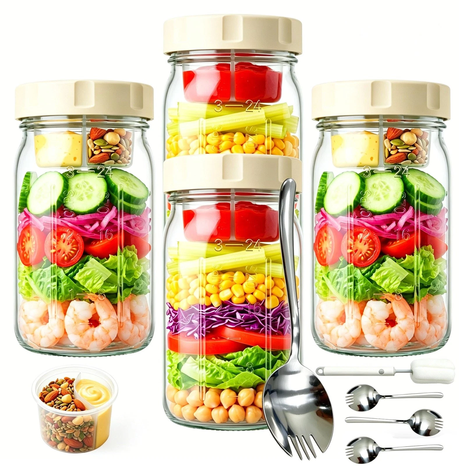 4 Pack Glass Salad Jars with Lids Meal Prep, 32oz Meal Prep Glass Salad Jars ...