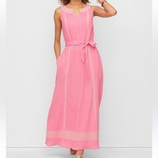 Talbots Sleeveless Embroidered Gauze Belted Maxi Dress Pink White size 10