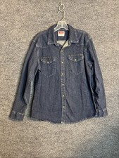 Wrangler Mens Snap Button Western Shirt Size Large Blue Dark Wash Denim Country