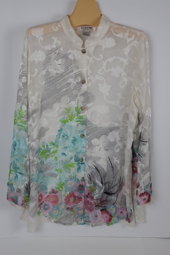 Citron Santa Monica Women’s Large Ivory Floral Silk Rayon Button Front Tunic