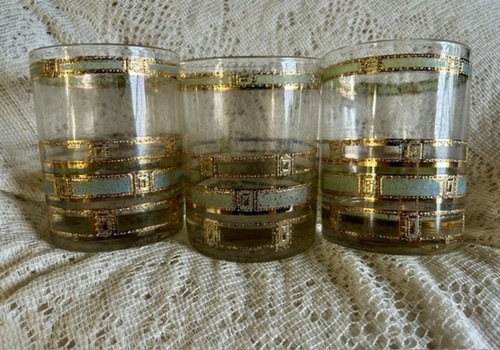 MCM Set of 3 Vintage Etched Glasses with Gold and Colored Geometric Design