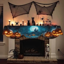 Halloween Jack-O'-Lantern Fireplace Mantel Decor Scarf Moonlit Castle Holiday