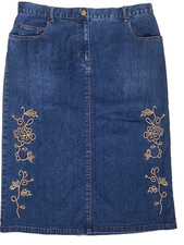 Y2K Christopher  Banks Denim Skirt Dark Wash Embroidered Stretch Women's 14