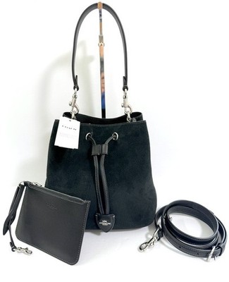 Coach Rowan Suede Drawstring Bucket Bag  + Cherry Charm + Pouch Black NWT $398