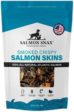 SALMON SNAX SMOKED CRISPY SALMON SKINS PET TREATS EXP: 2027 MADE IN USA 12 OZ.
