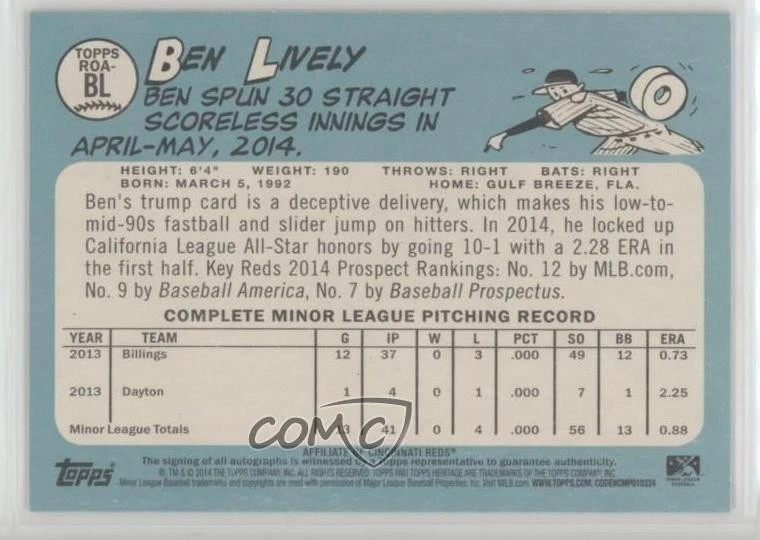 2014 Topps Heritage Minor League Edition Real One Auto Ben Lively #ROA-BL Auto - Image 2 of 2