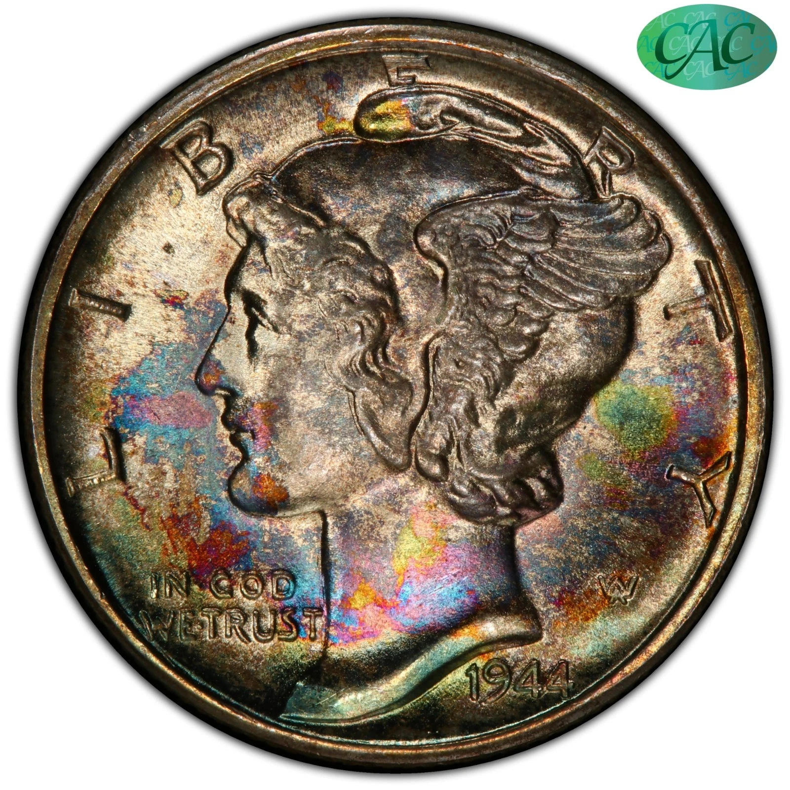 1944-D 10C MS68+FB PCGS CAC Toned Mercury Dime
