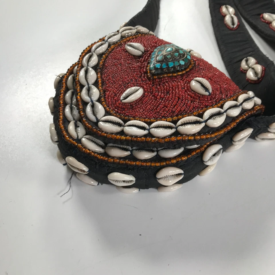 Vintage Beaded Tribal Bag Red Orange White Shells Sterling Silver Turquoise - Image 4 of 4