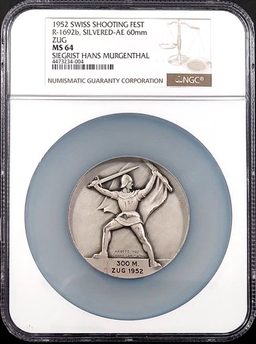 1952 Swiss Shooting Fest Medal, R-1692b, Silvered-AE, 60 mm, Zug, MS 64 by NGC!