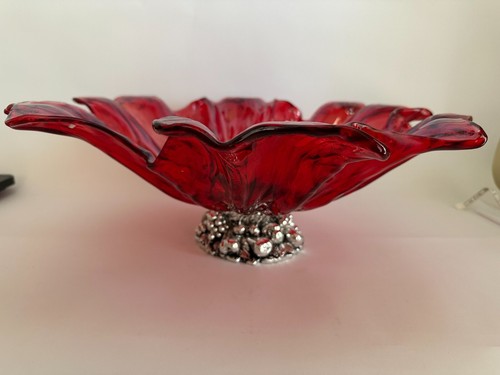 "Cuenco de vidrio artístico rojo estilo Murano Antica Cristalleria Italiana 11,75"" pie plateado" - Imagen 2 de 8