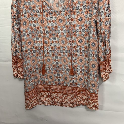 Lucy & Laurel Womans 3/4 Sleeve Tie Key Hole Neckline Top Size XL Coral Multi - Picture 4 of 11