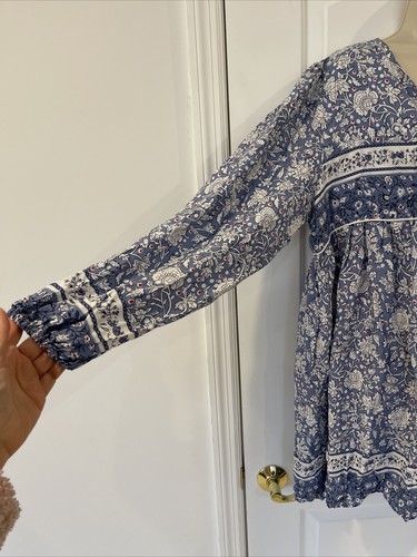 Vivimos Boho XL Tunic Dress Blue Floral Mini Long Sleeve Chest Tie Loose Fit - Picture 7 of 15