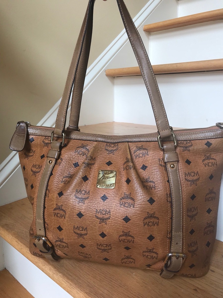 Authentic MCM Logos Pattern Cognac Shoulder Tote Bag PVC