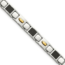 Stainless Steel Polished Black Carbon Fiber Inlay Yellow IP Bracelet