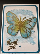 Stampin Up Card Kit Set Of 4 "Thank You  Gold Embossed Butterfly In Blue Tones