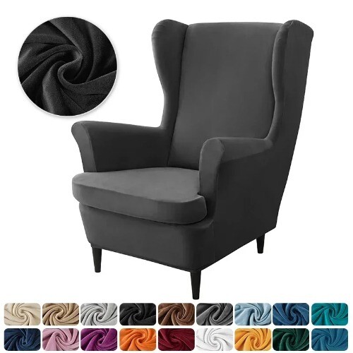 Velvet Wingback Chair Covers Wing Armchair Cover with Seat Cushion Slipcover - Picture 33 of 34