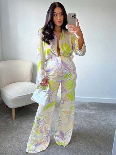 Leg Pants Set Shirt Trousers Two Piece Set Women Print Matching Sets
