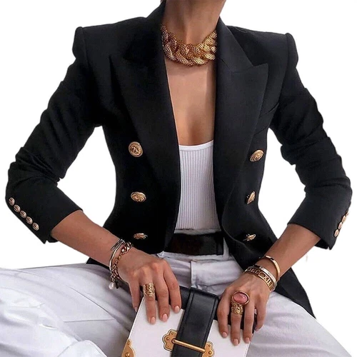 Zweireihiger Damen Blazer Mantel Langarm Revers formell schmale Jacke Oberbekleidung | - Bild 13 von 26