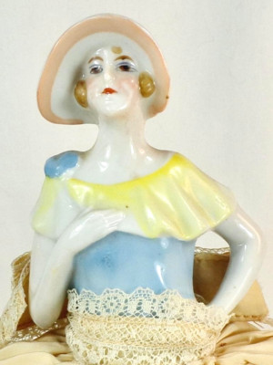 Porcelain Half Doll Pincushion Art Deco Lady Bonnet Orig Cushion Germany #17