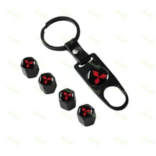 New For MITSUBISHI Car Wheel Tire Valves Dust Stem Air Caps Keychain Emblem Set