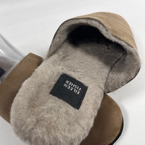 EILEEN FISHER Slippers Soft Shearling Plush Mules Flat Nubuck Leather Brown NEW - Picture 9 of 9